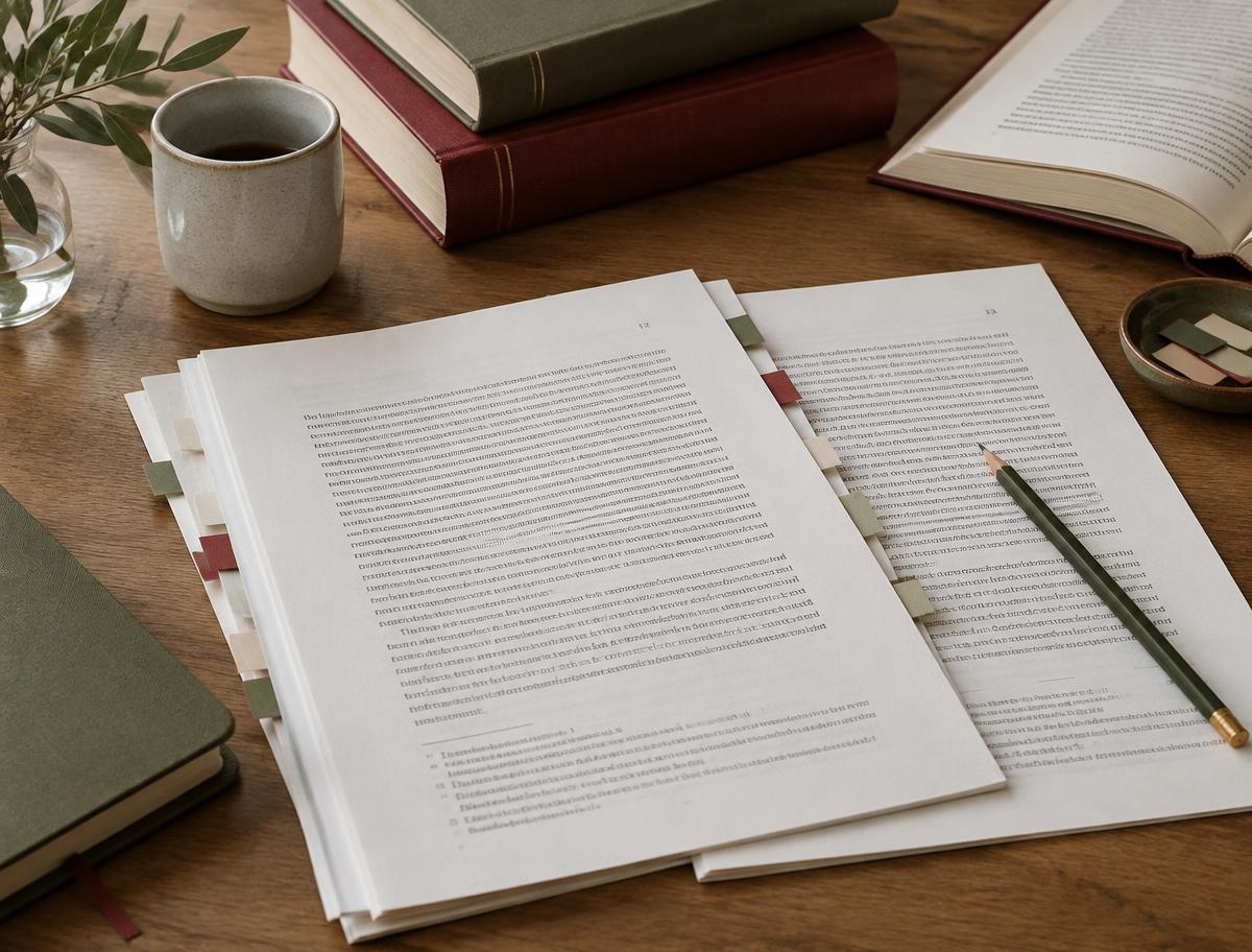Pagine di una tesi con annotazioni, libri e riferimenti di ricerca
