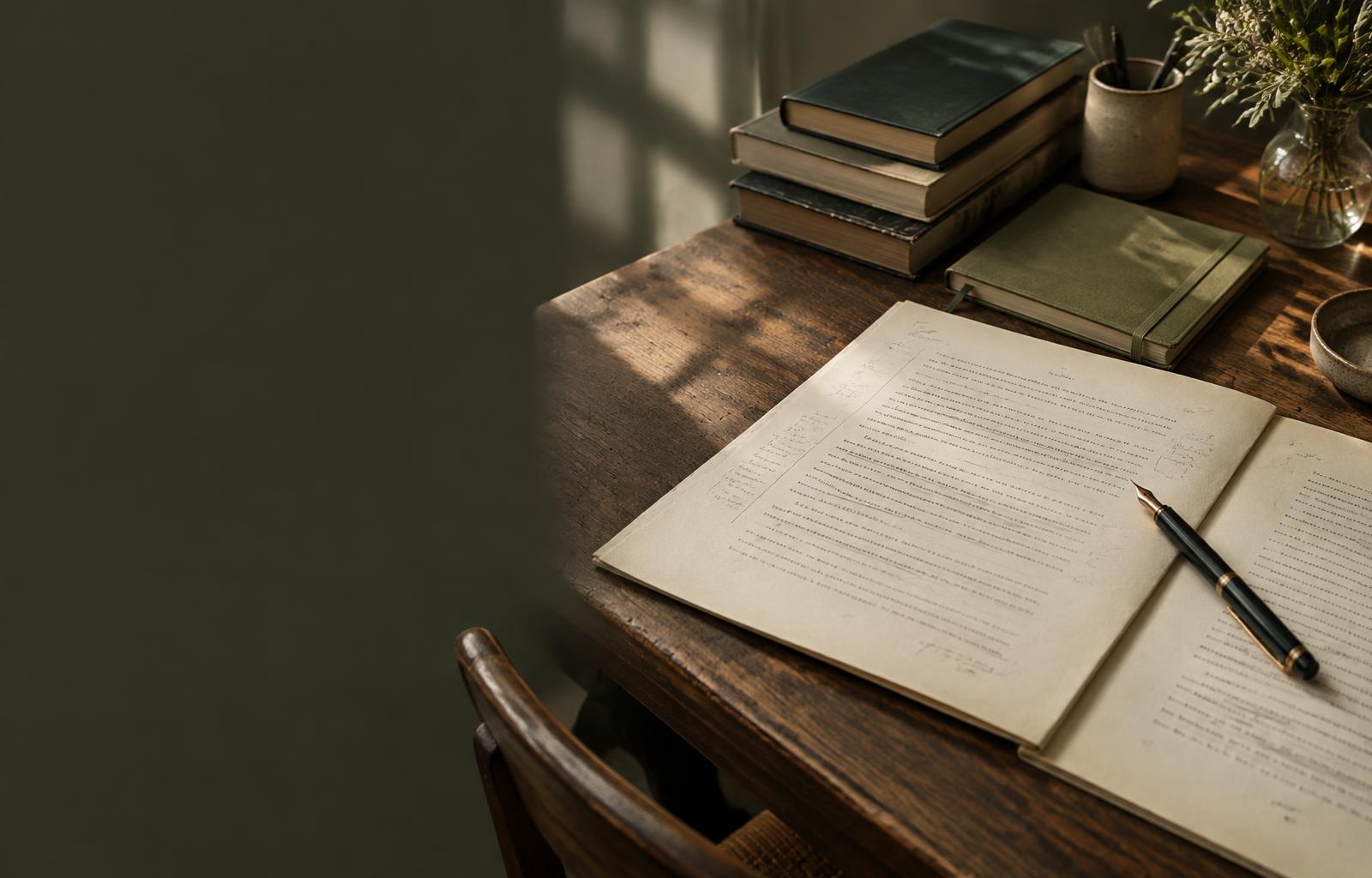 Manoscritto aperto su una scrivania, pronto per essere rivisto